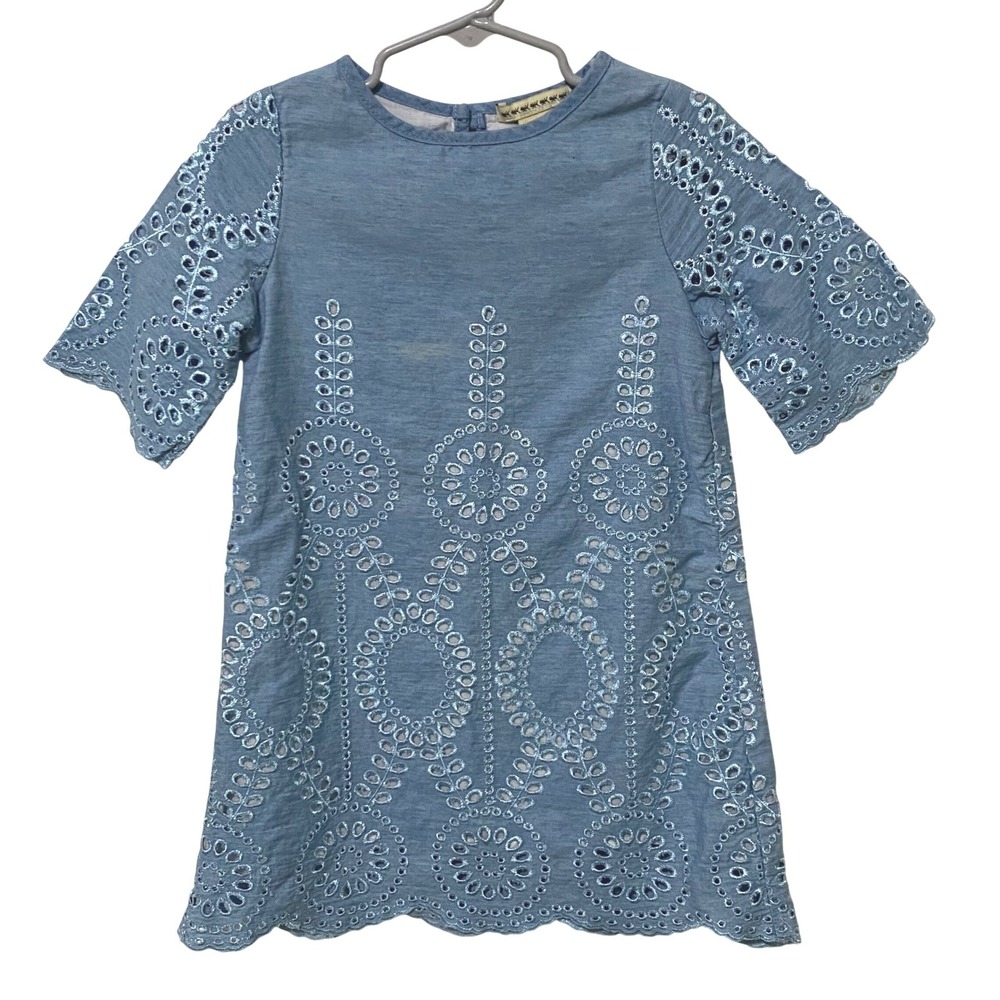 Girls Cottagecore Embroidered Eyelet Dress 4T Light‎ Blue Floral Prairie Preppy